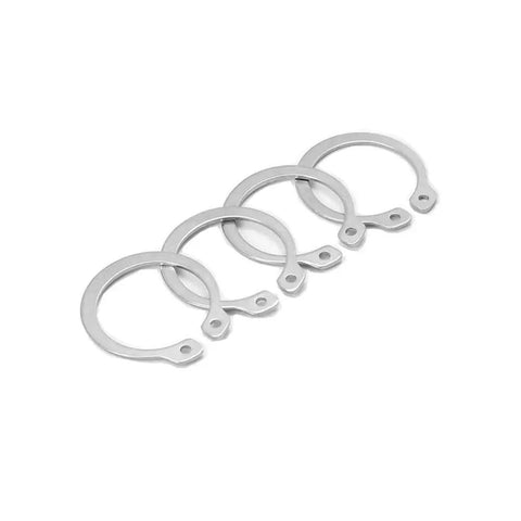 Bulk 50 Pcs M8 External Snap Rings In Top Grade 304 Stainless Steel For Shaft Retaining And Bearing Securing Hard Wear C Type Circlip Washers Great For DIY Gadget Fixes And Home Garage Projects displayed in a line.