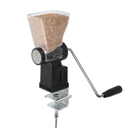 Hand Crank Grain Mill With Stainless Steel Burrs For Multi Grain Grinding Wheat Rice Oats Barley Rye Peppercorns And Spices Adjustable Coarseness From Cracked Grain To Fine Flour Durable Manual Wheat Flour Grinder For Fresh Baked Goods At Home in black with clamp mount and clear hopper filled with grains.