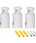 Three Pack Replacement Towel Rail Radiator Brackets For Heated Walls White Finish Universal Adjustable 75mm To 95mm Mounting Brackets Fit For Straight And Bent Radiators Includes Screws And Washers, showing three white brackets, yellow wall plugs, and screws.