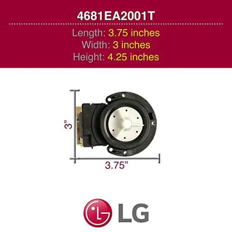 LG washer drain pump assembly 4681EA2001T – genuine OEM, black housing with white impeller, front view, 3.75 in L