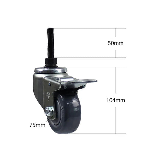 Hardcore Heavy Duty Polyurethane Castor Wheels With Quiet Slick Swivel Rollin Secure Brake Lock For Smooth Furniture Mobility M12 Threaded Stem Mount Zero Hassle Operation 390 Kg Load Rating 4 Piece Set close-up on a 75mm wheel and M12 threaded stem.