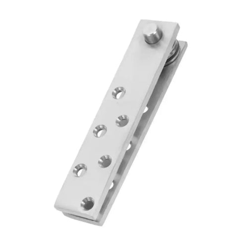 Heavy Duty 360 Degree Pivot Door Hinge Shaft Made From Super Durable Stainless Steel For Homes And Sheds Super Tough Furniture Hardware front view showing silver finish and mounting holes.