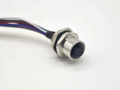 Waterproof M12 8 Pin Sensor Receptacle Connector A Coded Aviation Socket with exposed wiring, shielded female straight design, side view