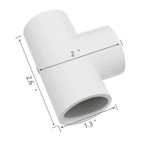 Three Quarter Inch SCH40 PVC Tee Fitting Connector White for Home Plumbing, side view with measurements, DIY use, 6 pack