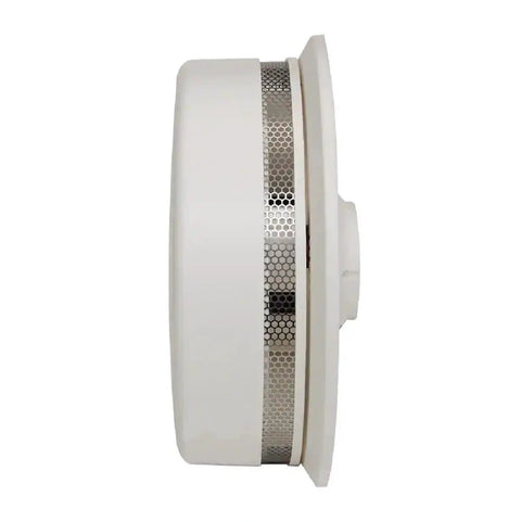Side view of Hardwired Smoke Detector With 9 Volt Battery Backup For Home Safety Front Load Battery Door For Easy Battery Change