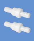 Half Inch One Way Inline Check Valve 2 Pack Non Return Hose Barb PVDF Plastic Ozone Resistant Valve Built Tough For Fuel Oil Water Gas Pump Air Backflow Protection, showing two white valves against a blue background.