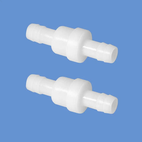 Half Inch One Way Inline Check Valve 2 Pack Non Return Hose Barb PVDF Plastic Ozone Resistant Valve Built Tough For Fuel Oil Water Gas Pump Air Backflow Protection, showing two white valves against a blue background.