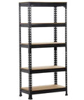 5-Tier Boltless Storage Shelf Built Different With Rock Solid Iron Frame for Garage and Workshop Heavy Duty Adjustable Racks Scratch Resistant Powder Coat Finish Black, showing five levels with wooden shelves.
