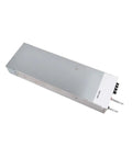 Built Tough Industrial Switching Power Supply With Short Circuit And Overload Protection For Heavy Machinery, silver metal casing, front view, compact design.