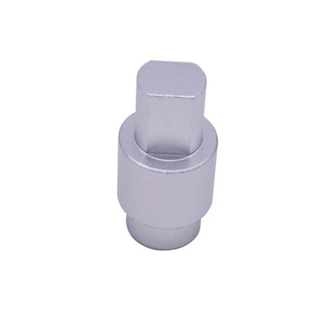 Aluminum alloy temperature door servo coupling, silver, front view with square shaft