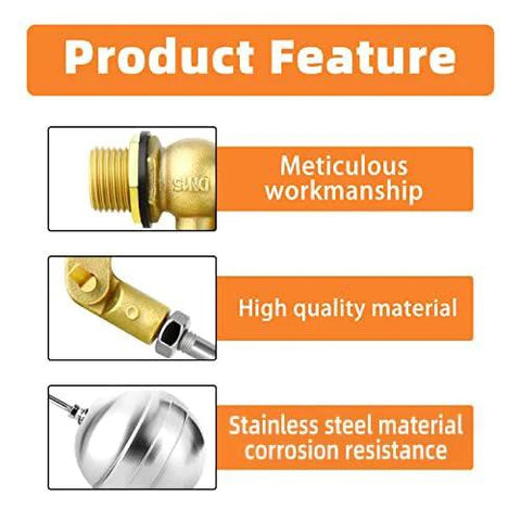 Detailed features of 3/4 inch float ball valve with brass body and stainless steel float focusing on quality and corrosion resistance.