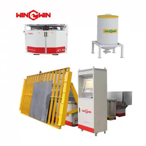 WinWin waterjet cutting system components: Jet 50 unit, water reservoir, yellow frame, and control cabinet