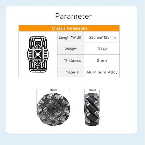 Omnidirectional 4WD Robot Car Chassis Kit parameters with 68mm Mecanum wheels, 220mm x 125mm aluminum platform for STEM education.