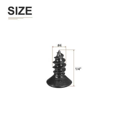 Close-up of #4 x 1/4 inch black flathead wood screw, part of Ridiculously Strong One Hundred Pack Of Number Four By Quarter Inch Black Flathead Wood Screws Tough Self Tapping Fasteners Kickass Hardware For Diy Projects And Cabinetry.