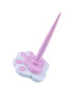 Pink and white desk yarn stand with paw design base, adjustable spool holder for weaving and knitting, easy line tension control.