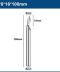 Front view: carbide end mill, single-flute, 8 mm shank, 8 mm cutting diameter, 16 mm flute length, 100 mm overall.