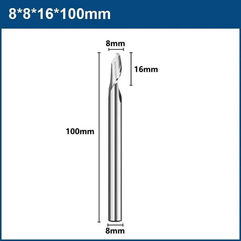 Front view: carbide end mill, single-flute, 8 mm shank, 8 mm cutting diameter, 16 mm flute length, 100 mm overall.