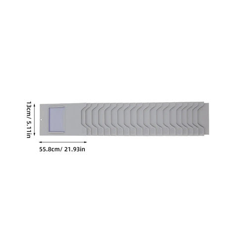 Expandable Plastic Card Holder And Multi Grid Desk Organizer, gray plastic with 16 slots, 55.8cm long, for storing tags neatly.