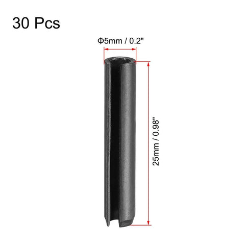 Slotted Spring Pin 5mm X 25mm Plain Finish 65Mn Steel Roll Assortment Kit 30 Pieces shown with dimensions