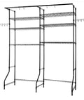 Heavy Duty Industrial Shelving Rack With Adjustable Multi Tier Build For Garage Workshop And Laundry featuring three steel shelves and hooks.