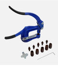 Deep Throat Sheet Metal Rivet Hole Punch Kit with handy portable hand tool and six die sizes, shown with components on white background.