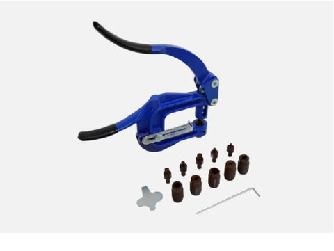 Deep Throat Sheet Metal Rivet Hole Punch Kit with handy portable hand tool and six die sizes, shown with components on white background.