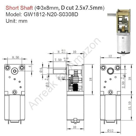 Two 12V DC worm-gear motors with 3x8 mm short shafts; GW1812-N20-S030D; front and side dimension drawings; Amazon