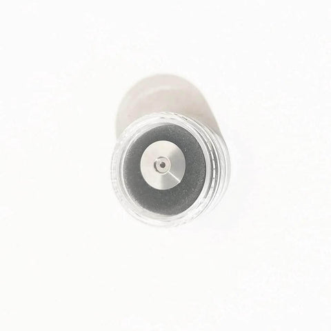 Front view of stainless steel water jet diamond orifice, 0.33 mm, spare part.