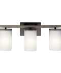 Crosby 23-Inch 3-Light Vanity Light In Satin Etched Cased Opal Glass With Olde Bronze Finish, front view, white glass shades
