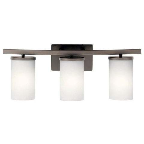 Crosby 23-Inch 3-Light Vanity Light In Satin Etched Cased Opal Glass With Olde Bronze Finish, front view, white glass shades