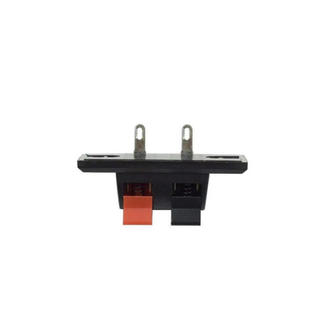 Two Way Speaker Terminal Block Connector Strip 45mm By 21mm Spring Push Release, 2 Position, front view, DIY audio wiring plate