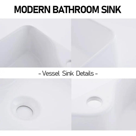 Close-up of White Vessel Sink With Gold Faucet And Drain, 18x13 Inch Above-Counter Rectangle Ceramic Porcelain Bathroom Basin, Sleek Design