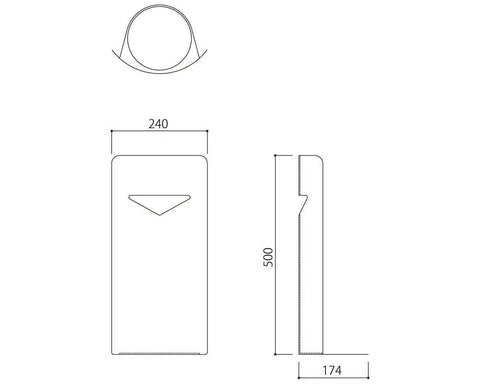 Heavy Duty Steel Fire Extinguisher Wall Mounted Corner Safety Cabinet dimensions 500mm height, 240mm width, and 174mm depth.