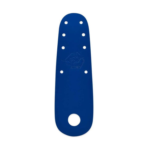 Blue leather roller skate toe guard with multiple holes for attachment, not compatible with bolt-on toe stop plates.