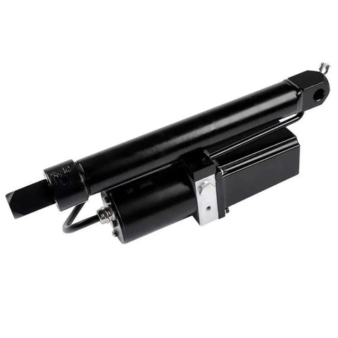 Heavy Duty DC 12V Hydraulic Power Unit With 10 Inch Stroke For Electric Linear Actuators Built Tough To Move Anything At No Sweat Up To 2300 Lbs Industrial Workshop Essential, showcasing a black hydraulic actuator.