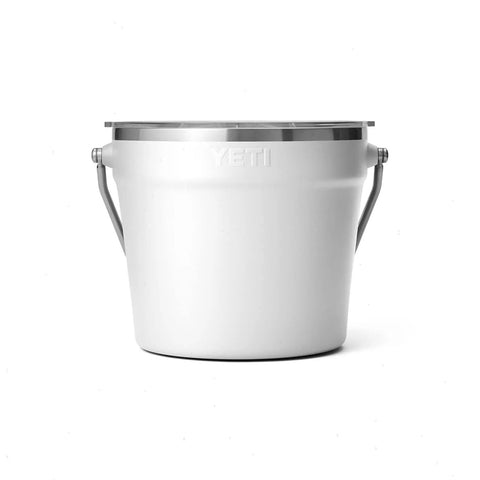 Totally Solid Stainless Steel Beverage Bucket With Double Wall Vacuum Insulation keeps Cold Ones Fresh, holds six beers, white color.