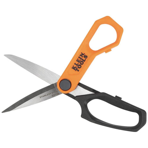 Side view of Klein Tools B2109 heavy-duty multipurpose scissors with orange handle and stainless steel blades.