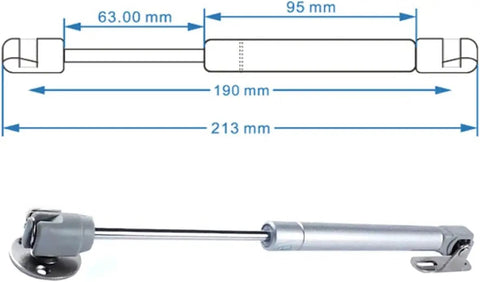 Heavy Duty Silver Gas Struts For Cabinets With 40N 9Lb hydraulic lift supports showing dimensions 63mm, 95mm, 190mm, and 213mm.