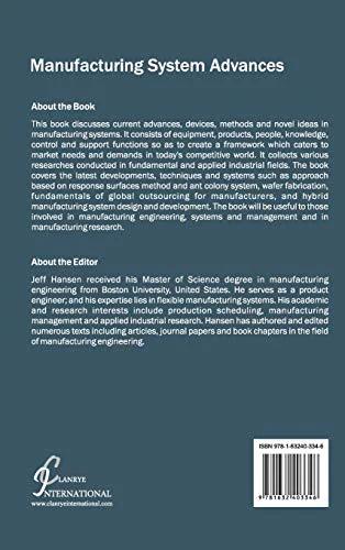 Back cover of a blue book titled Manufacturing System Advances; includes About the Book and About the Editor sections, barcode, and Amazon branding.