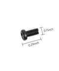 Close-up of black metal screw with dimensions on a white background, 0.29 x 0.11 inches, for Pro Grade Aluminum 25T Servo Horn Disc Set.