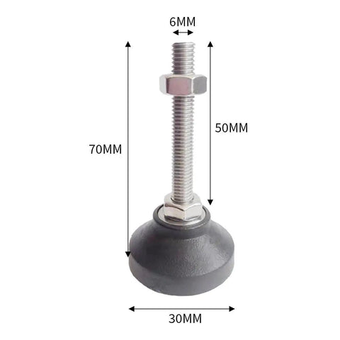 Heavy Duty Leveling Feet Set 4 Pcs M6 Thread Size D30 Base for tables, chairs, sofas, illustrated with size dimensions.