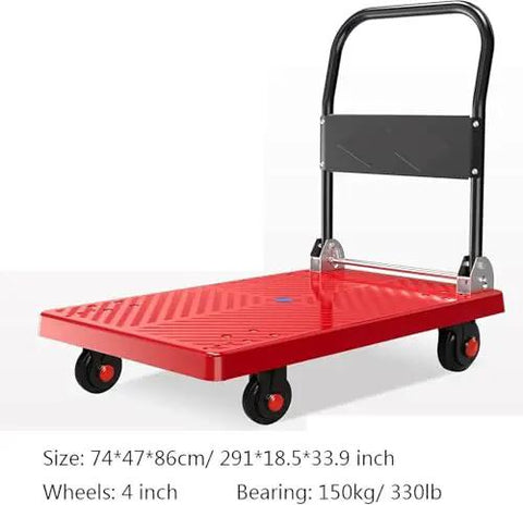 Heavy Duty Flatbed Hand Truck With Foldable Plastic Platform Four Wheel Cart For Easy Parcel And Load Moving, Multi Size Adjustable Trolley For Home Garage And Warehouse Use, 74x47x86cm