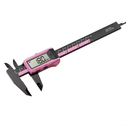 Digital Caliper, 0-150mm Range with 0.1mm Resolution, pink fiberglass body showing 180mm measurement on LCD display.