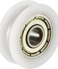 Four Pack V Groove Bearing Pulleys Featuring Rock Hard Metal Rollers Wrapped In Beefy Nylon Wheels for smooth rail applications.