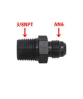 Built Different Straight 6AN Male Flare To 3/8 NPT Pipe Fitting Adapter crafted from lightweight aircraft grade aluminum with dope black anodized finish, side view.