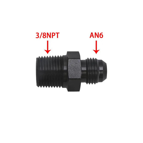 Built Different Straight 6AN Male Flare To 3/8 NPT Pipe Fitting Adapter crafted from lightweight aircraft grade aluminum with dope black anodized finish, side view.