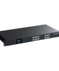 4K Seamless HDMI switch splitter in black, 1U rack mount design for smooth 4x4 port routing and KVM switching.