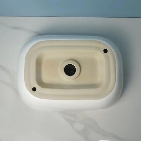 USZWBY Vessel Sinks Square Rounded Corner Simple Sink Ceramic Above Counter Wash Basin top view with smooth edges and drain hole.
