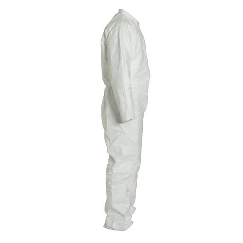 Side view of Disposable Protective Coverall White X Large Pack Of 25 For Comfortable Fit And Wide Range Of Motion With Open Wrists And Ankles