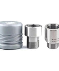 Three-piece metal CNC spindle adapter set with threaded sleeves and a gray protective cap; silver finish.